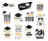 Graduation class of 2019 labels design set. Badges kit for shirt, print, seal, overlay, stamp, greeting card, invitation. Vector sign or logo. All isolated and layered
