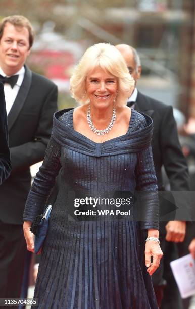 Camilla, Duchess of Cornwall arriving to attend the Olivier Awards at the Royal Albert Hall on April 7, 2019 in London.