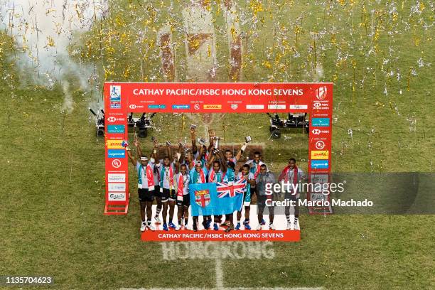 Fiji Rugby Team celebrates after winning defeating France during the day three of the Cathay Pacific/HSBC Hong Kong Sevens Cup Final at the Hong Kong...