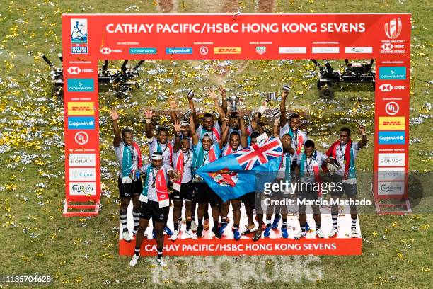 Fiji Rugby Team celebrates after winning defeating France during the day three of the Cathay Pacific/HSBC Hong Kong Sevens Cup Final at the Hong Kong...