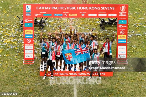 Fiji Rugby Team celebrates after winning defeating France during the day three of the Cathay Pacific/HSBC Hong Kong Sevens Cup Final at the Hong Kong...