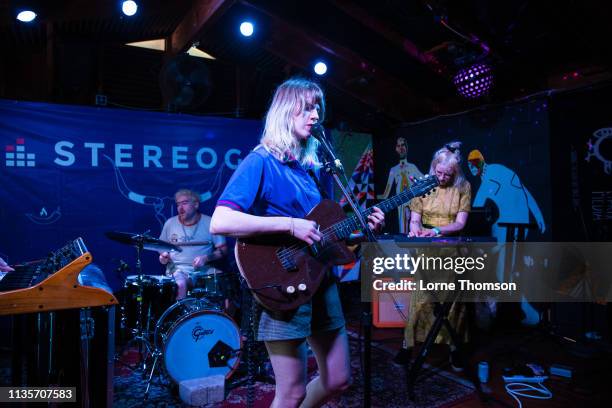 Garrett Koloski, Catherine Elicson and Emily Shanahan of Empath perform at Cheer Up Charlies ,on March 13, 2019 in Austin, Texas.