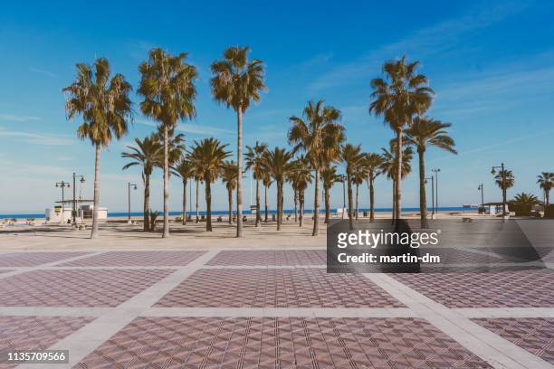 strand malvarrosa in valencia, spanje - promenade stockfoto's en -beelden