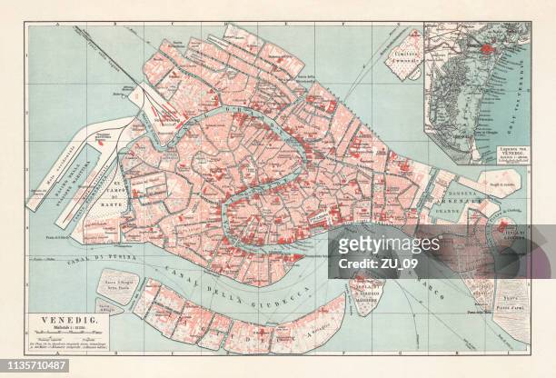 ilustrações de stock, clip art, desenhos animados e ícones de city map of venice, italy, lithograph, published in 1897 - veneza itália