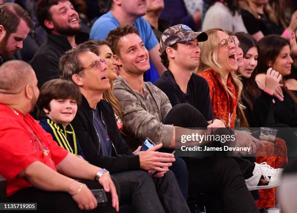 Quinlin Stiller, Ben Stiller, Chrishell Stause, Justin Hartley, guest and Chloe Sevigny attend Washington Wizards v New York Knicks game at Madison...