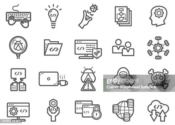 illustrazioni stock, clip art, cartoni animati e icone di tendenza di set di icone della linea di codifica per sviluppatori e programmatori - digitare