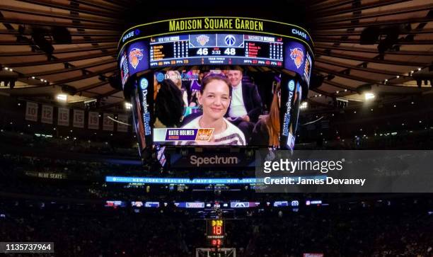 Katie Holmes seen on jumbotron at Washington Wizards v New York Knicks game at Madison Square Garden on April 7, 2019 in New York City.