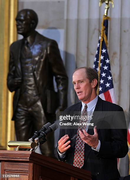 Steven Ford, chairman of the Gerald R. Ford President Foundation, speaks as during a dedication ceremony of the statue of his father and former...