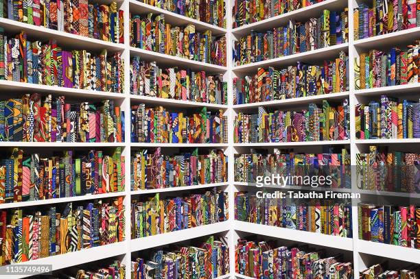 The British Library" installation by Yinka Shonibare at Tate Modern on April 8, 2019 in London, England.