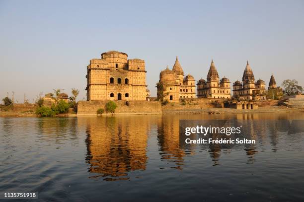 Cenotaphs on the Banks of the Betwa River in Orchha, Madhya Pradesh on March 10, 2017 in India.