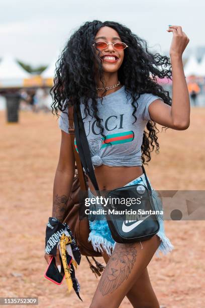 Street Style seen during the third day of Lollapalooza Brazil Music Festival at Interlagos Racetrack on April 07, 2019 in Sao Paulo, Brazil.