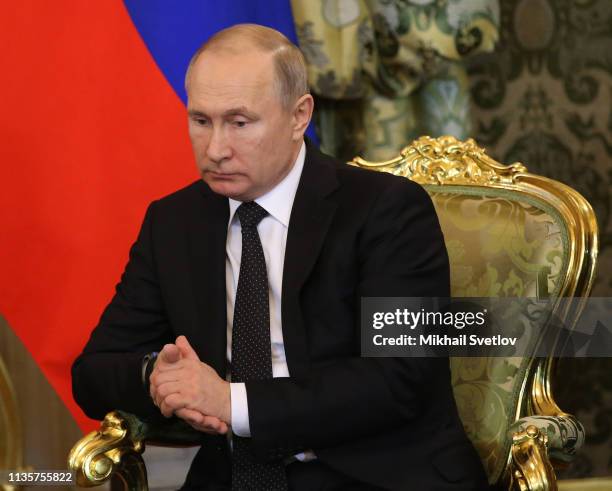 Russian President Vladimir Putin attends his meeting with Turkish President Recep Tayyip Erdogan at the Grand Kremlin Palace on April 8, 2019 in...