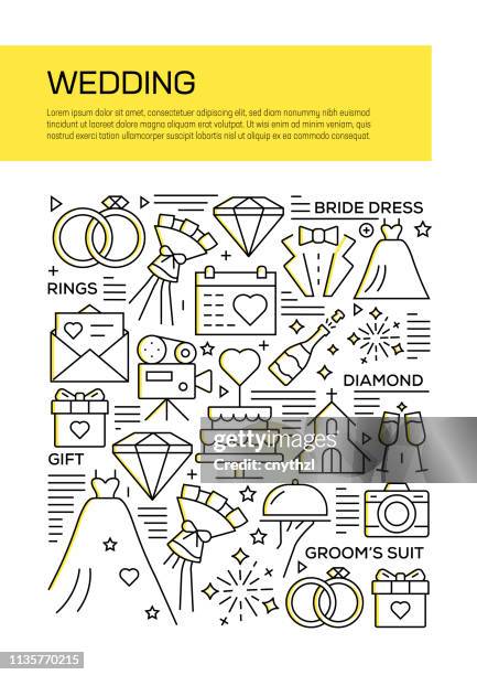 vector set of design templates and elements for wedding in trendy linear style - seamless patterns with linear icons related to wedding - vector - rustic wedding stock illustrations