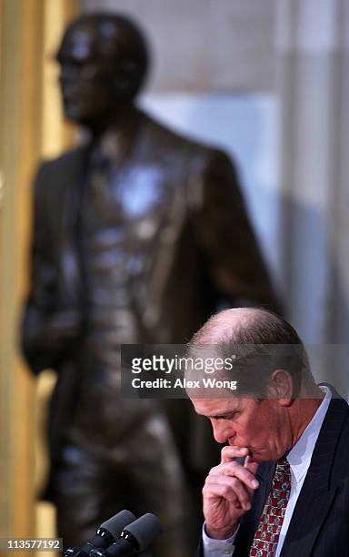 Steven Ford, chairman of the Gerald R. Ford President Foundation, pauses during a dedication ceremony of the statue of his father and former...