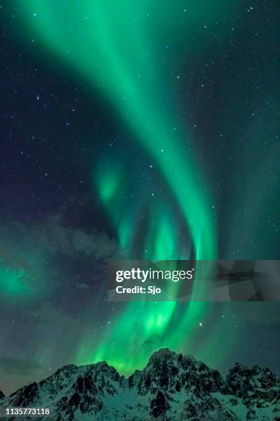 northern lights, aurora borealis over the lofoten islands in northern norway during winter - aurora borealis stock pictures, royalty-free photos & images