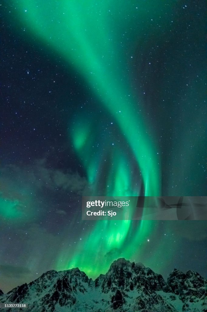 Norrsken, norrsken över Lofotens öar i Nord Norge under vintern