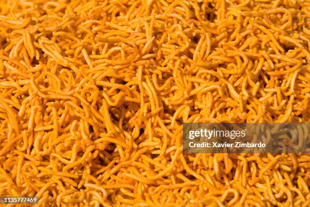 Close-up of ready to eat snacks on a stall on March 3, 2007 in Mathura, Uttar Pradesh, India