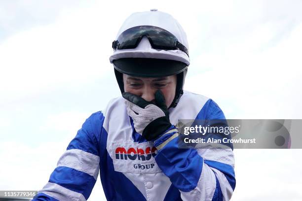 Bryony Frost celebrates after riding Frodon to win The Ryanair Chase at Cheltenham Racecourse on March 14, 2019 in Cheltenham, England.