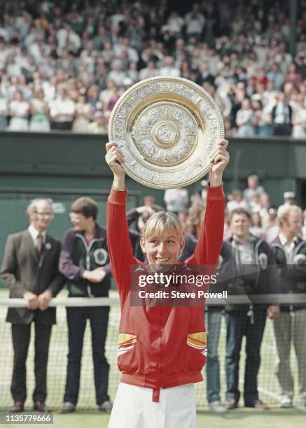 Martina Navratilova of the United States holds the Venus Rosewater Dish after defeating Chris Evert-Lloyd in their Women's Singles Final match at the...