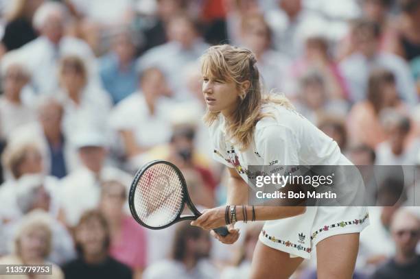 Steffi Graf of Germany during the Women's Singles Final against Martina Navratilova at the Wimbledon Lawn Tennis Championship on 8 July 1989 at the...