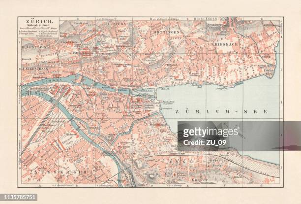 city map of zurich, largest city of switzerland, lithograph, 1897 - zurich map stock illustrations