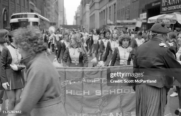 Members of the Westhampton Beach high school marching band make their way down 5th Avenue during the St Patrick's Day parade, New York, New York,...