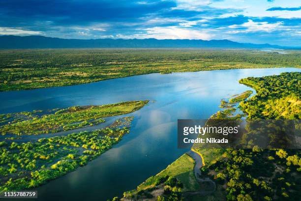 aerial view over the zambezi river, zambia - zambezi river stock pictures, royalty-free photos & images