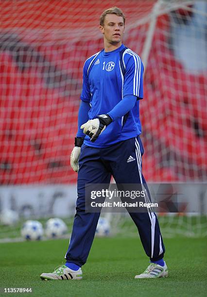 Manuel Neuer of Schalke looks on during a training session ahead of their UEFA Champions League semi final second leg match against Manchester United...