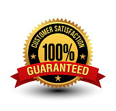 Powerful 100% customer satisfaction guaranteed badge with red ribbon.