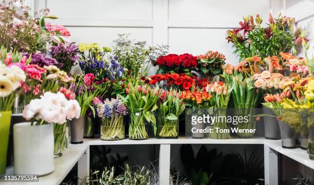 various flowers on display in florist - magasin de fleurs photos et images de collection