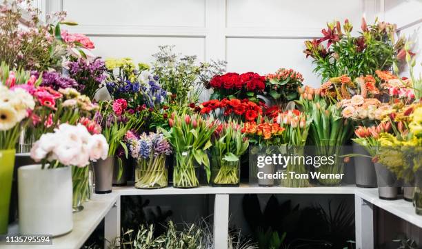 various flowers on display in florist - abundance flowers stock pictures, royalty-free photos & images