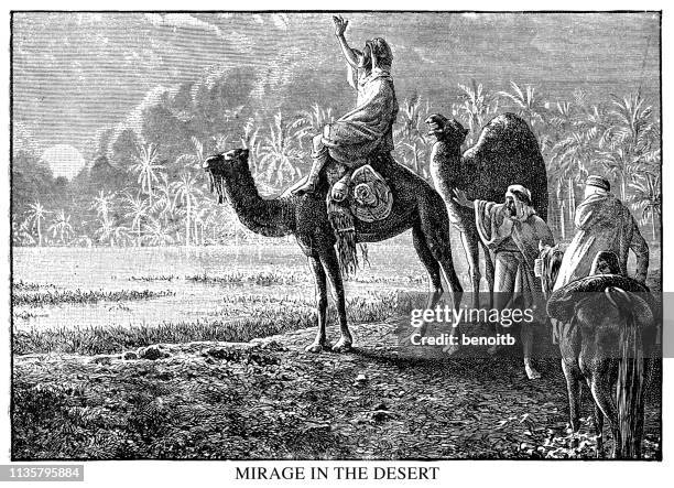 mirage in the desert - old saudi man stock illustrations