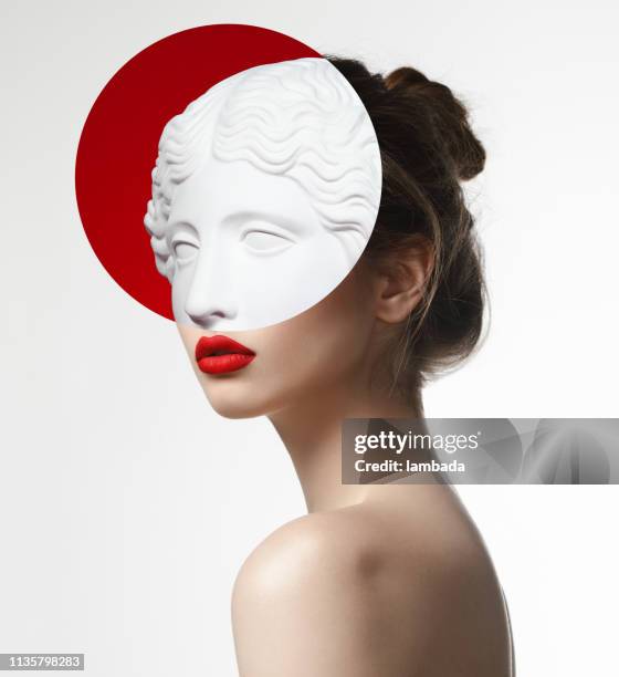 collage with woman and plaster head - greek statue head stock pictures, royalty-free photos & images