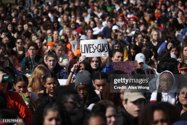 Students gather at a gun control rally at the West Front of the U.S. Capitol March 14, 2019 on Capitol Hill in Washington, DC. Students from area...