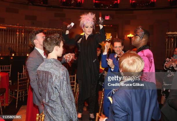 Cyndi Lauper and the cast dance at the closing night of the hit musical "Kinky Boots" on Broadway at Gotham Hall on April 7, 2019 in New York City.