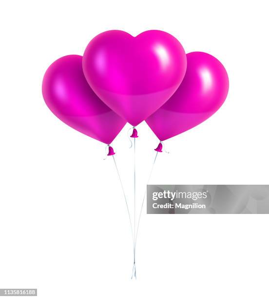pink heart shaped balloons with silver ribbons - silver balloons stock illustrations