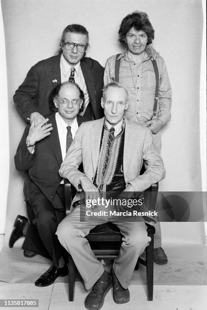 Photo of Amercan Beat authors, fore, Allen Ginsberg and William S Burroughs , and rear, Peter Orlovsky and Gregory Corso at Burroughs' Bunker on the...