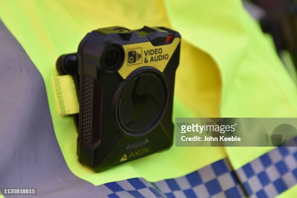 Metropolitan Police officer's Body Worn Video camera is worn on their chest on March 14, 2019 in London, England.
