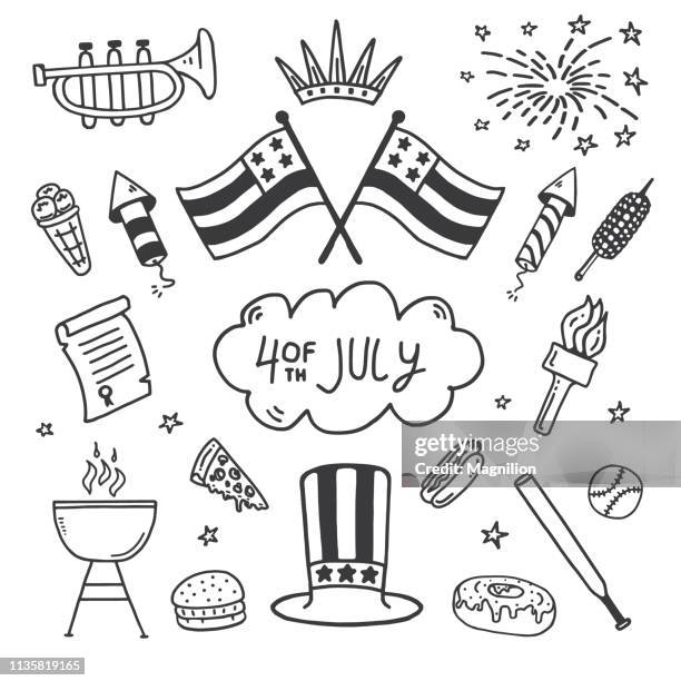 4th of july independence day doodle set - happy fourth of july text stock illustrations
