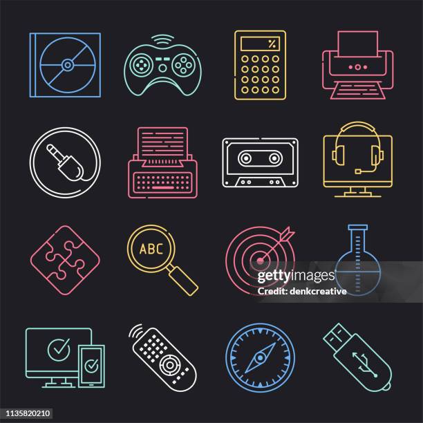 knowledge management & e-learning neon style vector icon set - small business training stock illustrations