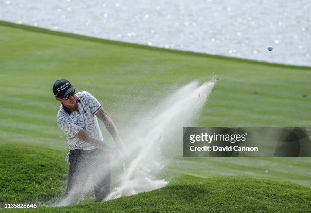 Brian Gay of the United States plays his third shot on the par 4, 18th hole during the first round of the 2019 Players Championship held on the...