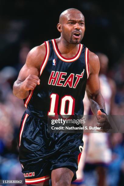 Tim Hardaway of the Miami Heat reacts against the New York Knicks on February 7, 1999 at the Madison Square Garden in New York, New York. NOTE TO...