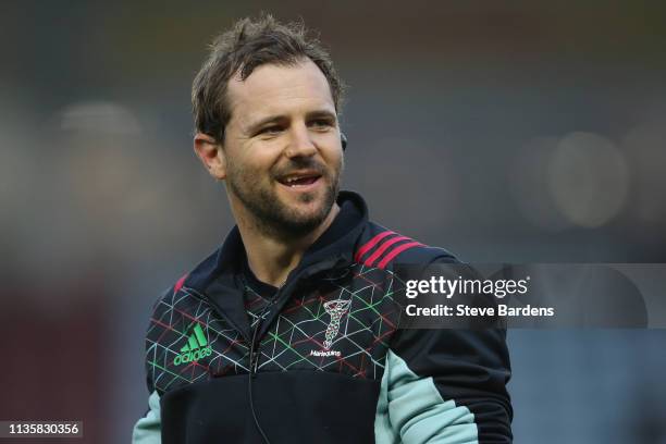 The Harlequins Skills and Off-the-ball Coach, Nick Evans look on prior to the Harlequins A v Saracens Storm Premiership Rugby Shield match at...