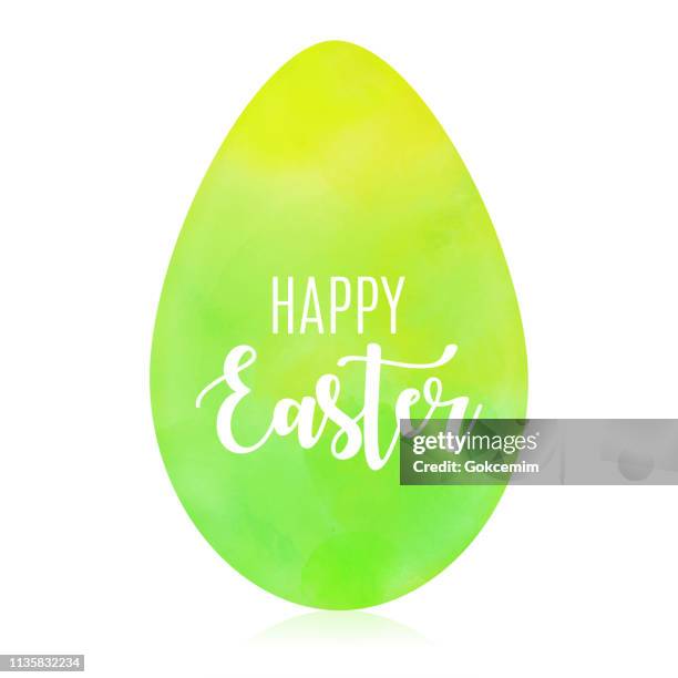 easter greeting card with handwritten lettering happy easter on green egg. watercolor easter egg with bright colors. easter card design elements. - easter egg white background stock illustrations