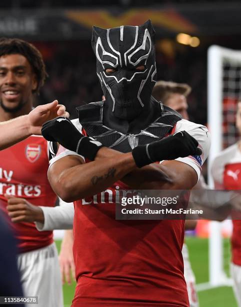 Pierre-Emerick Aubameyang celebrates scoring the the 3rd Arsenal goal during the UEFA Europa League Round of 16 Second Leg match between Arsenal and...