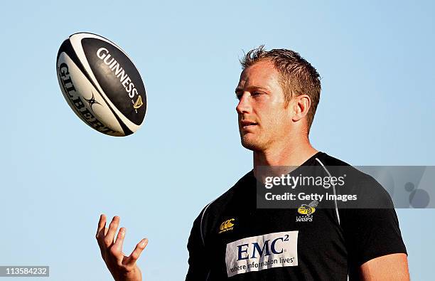 Richard Birkett of London Wasps run a Guinness Club Together training session for Staines at the Reeves on 3 May 2011 in Staines, England. To win a...