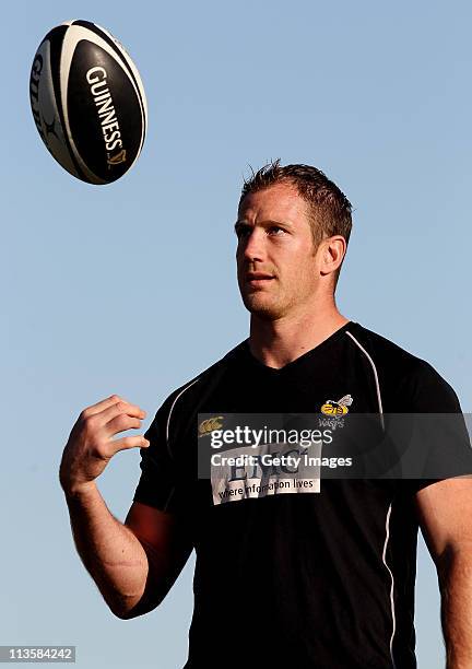 Richard Birkett of London Wasps run a Guinness Club Together training session for Staines at the Reeves on 3 May 2011 in Staines, England. To win a...