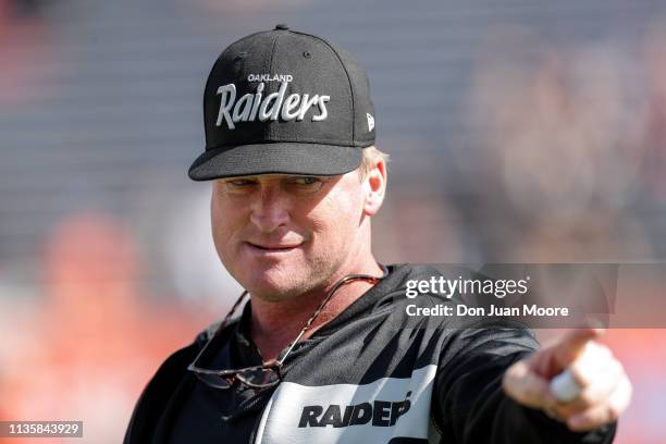 Head Coach Jon Gruden of the Oakland Raiders of the North Team during the 2019 Reese's Senior Bowl at Ladd-Peebles Stadium on January 26, 2019 in...