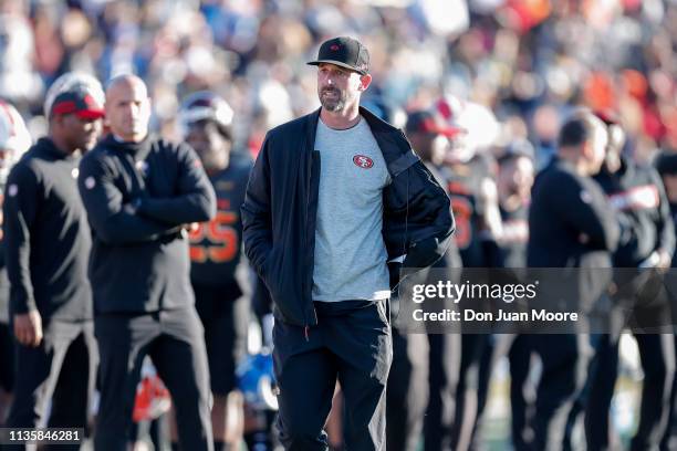 Head Coach Kyle Shanahan of the San Francisco 49ers of the South Team during the 2019 Reese's Senior Bowl at Ladd-Peebles Stadium on January 26, 2019...