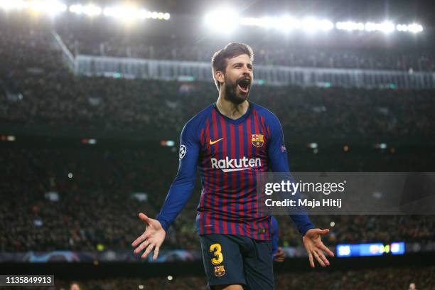 Gerard Pique of Barcelona celebrates as he scores his team's fourth goal during the UEFA Champions League Round of 16 Second Leg match between FC...